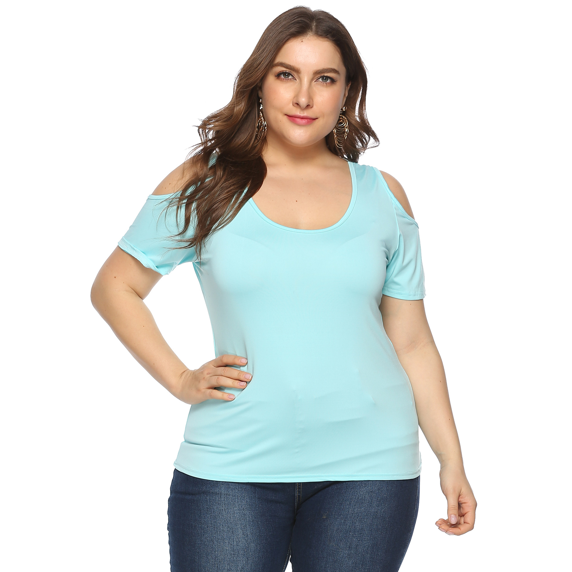 Plus Size Solid Color Simple Round Neck Strapless Short Sleeve T-Shirt NSOY27389