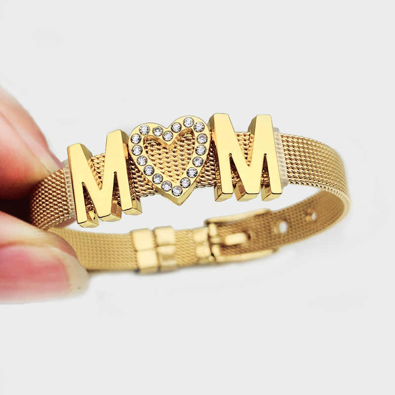 Mama Letter Stainless Steel Inlay Rhinestones Bracelets display picture 5