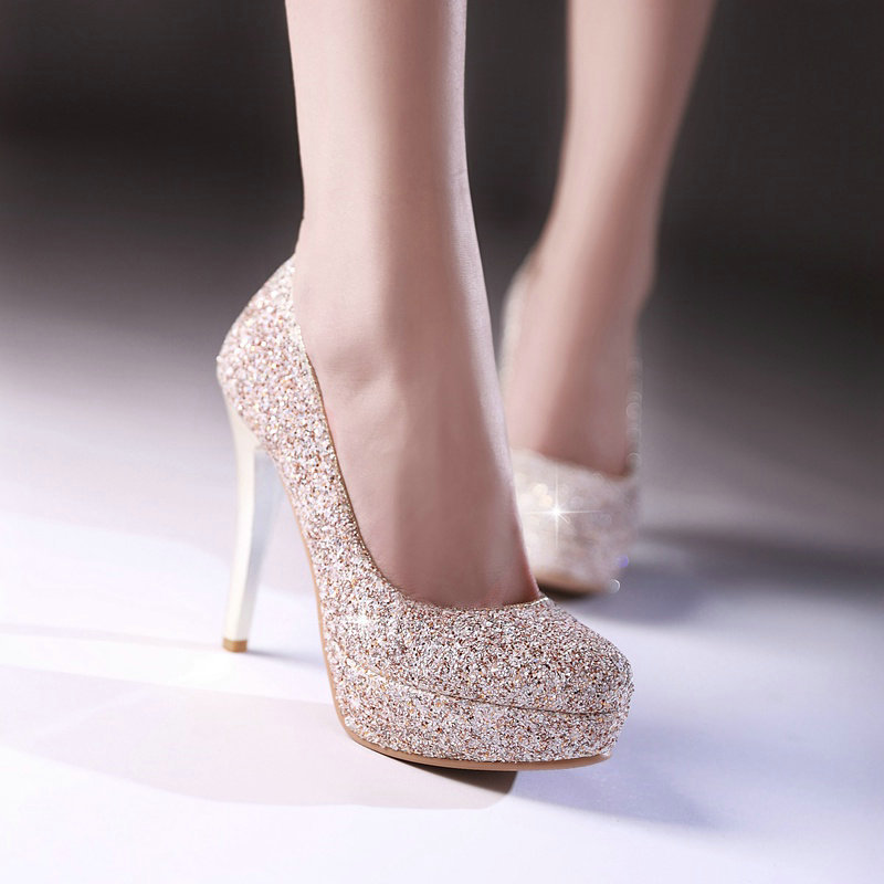 ebay Foreign Trade New Spring Women's Single Shoes Fashionable Sequin Metal Thin Heel Large Size Women's Shoes Waterproof Super High Heels