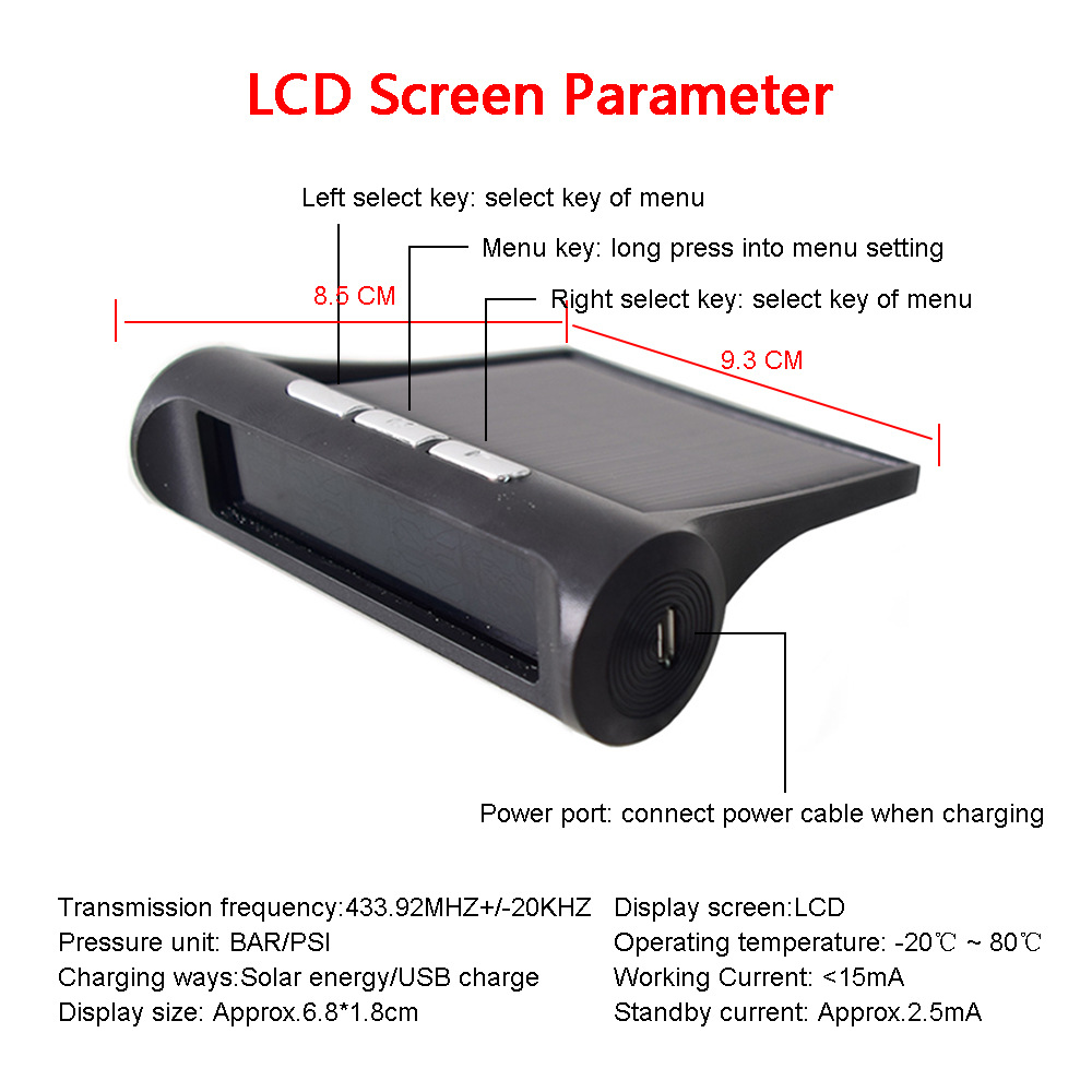TPMS solar wireless tire pressure monitor built-in LCD color screen English live voice prompt tire pressure system