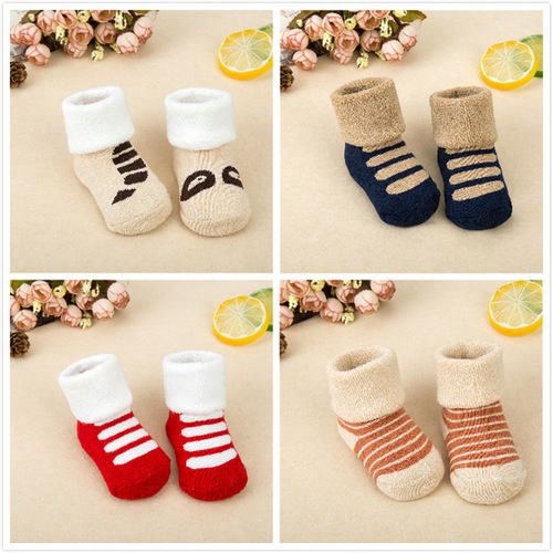 Striped terry socks children's socks boys girls baby pure cotton terry socks baby thickened warm socks wholesale