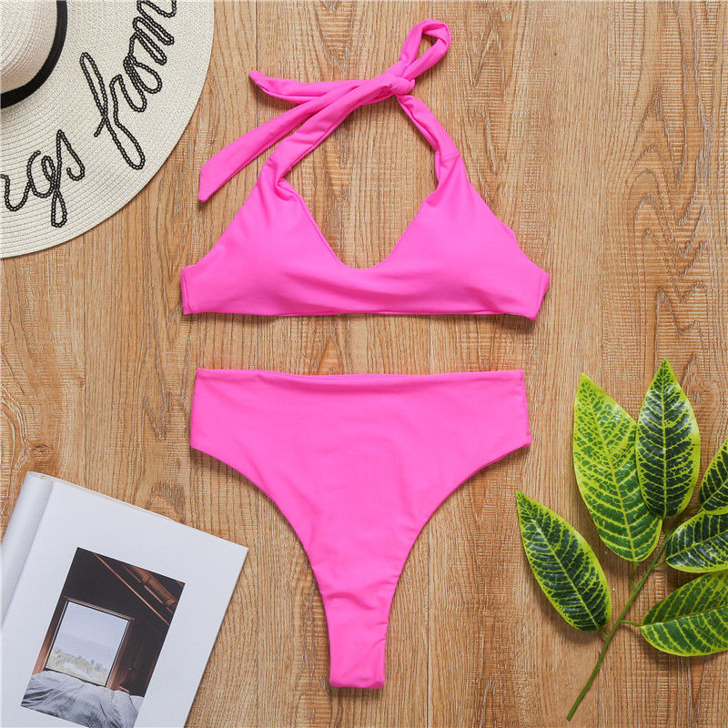 European And American Solid Color Sexy High Waist Strap Bikini Split Swimsuit display picture 5