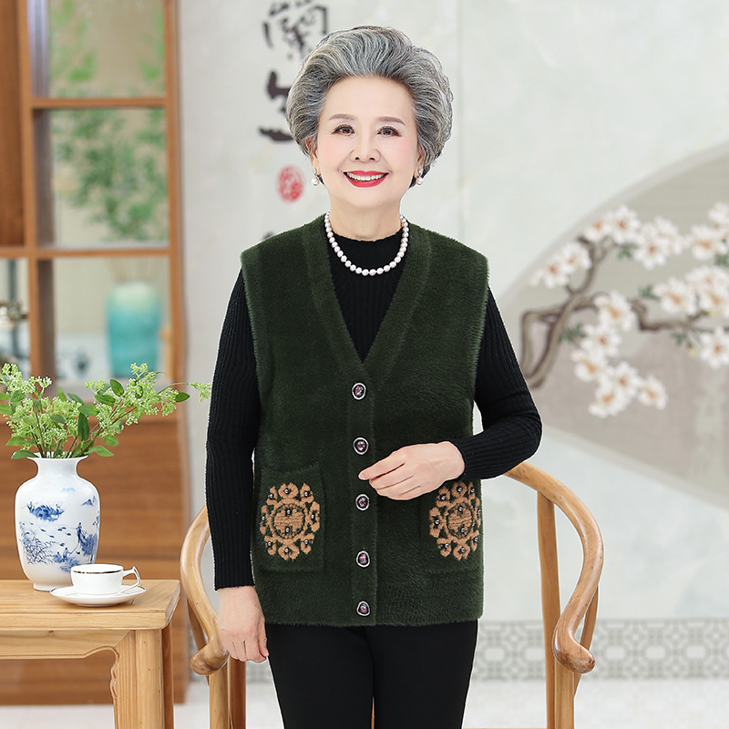 中老年羊毛衫女士T恤时尚仿水貂背心有口袋针织衫开衫V领奶奶装，女装中老年女装，妃慕昵服饰