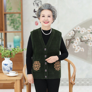 中老年羊毛衫女士T恤 時(shí)尚仿水貂背心有口袋針織衫開衫 V領(lǐng)奶奶裝圖片