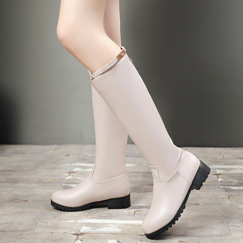 2019 autumn new round head solid color metal back zipper thick heel casual ladies knee boots super size 44-48