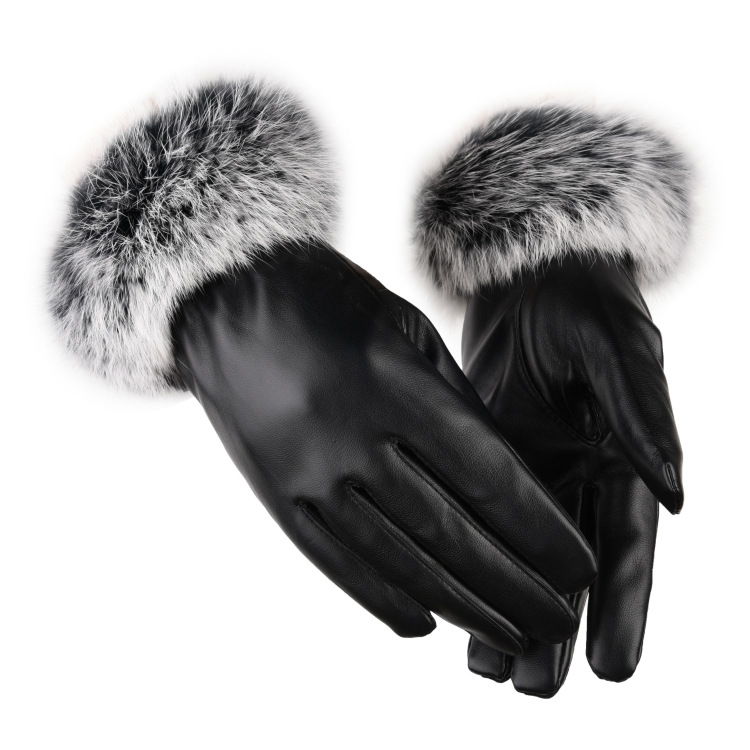 保暖手套女士秋冬季PU皮家兔毛触屏户外骑行骑车加绒加厚冬天手套