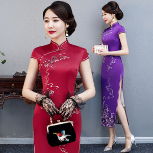 Women Chinese dresses Cheongsam embroidered long Women Chinese dresses Cheongsam dress standing collar Chinese Cheongsam skirt