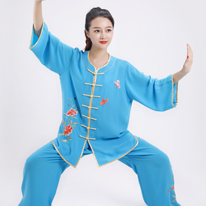 Embroidered tai chi clothing kung fu uniforms for women short sleeve short sleeve martial arts training clothes breathable cotton and linen wing chun suit