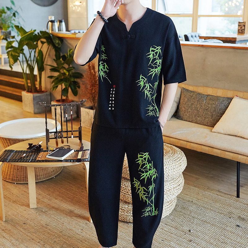 Chinese style Hanfu suit solar system Easy Cotton and hemp Broad leg Ninth pants Socket Embroidery Flax Short sleeved Piece suit