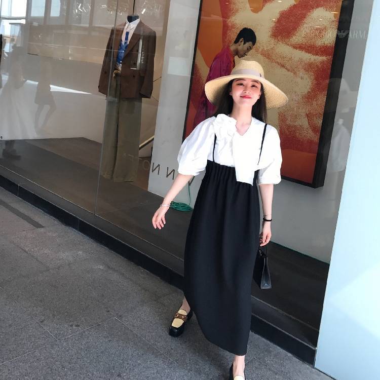 [in stock] Lao Jiang Shirt Women's Summer New Korean Irregular Shirt Black Strap dress
