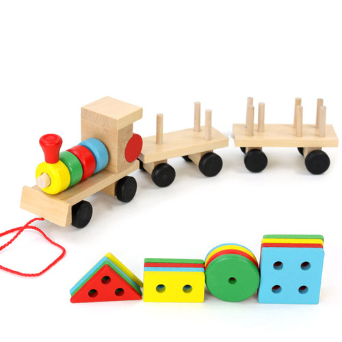 Factory direct sales wooden pull three-section small train disassembly and assembly geometric set column shape matching educational early education toys