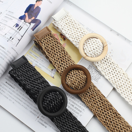 New Korean style cotton and linen woven belt for women round wooden buckle dress gown decorative belt