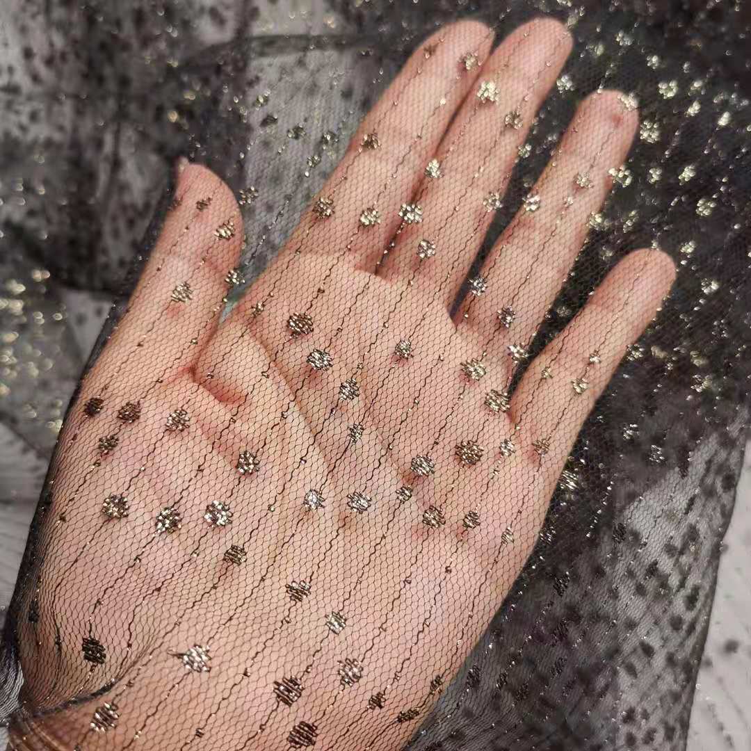 热销款无弹锦纶轻盈透薄大小圆点串珠金银线提花网纱 柔软 现货