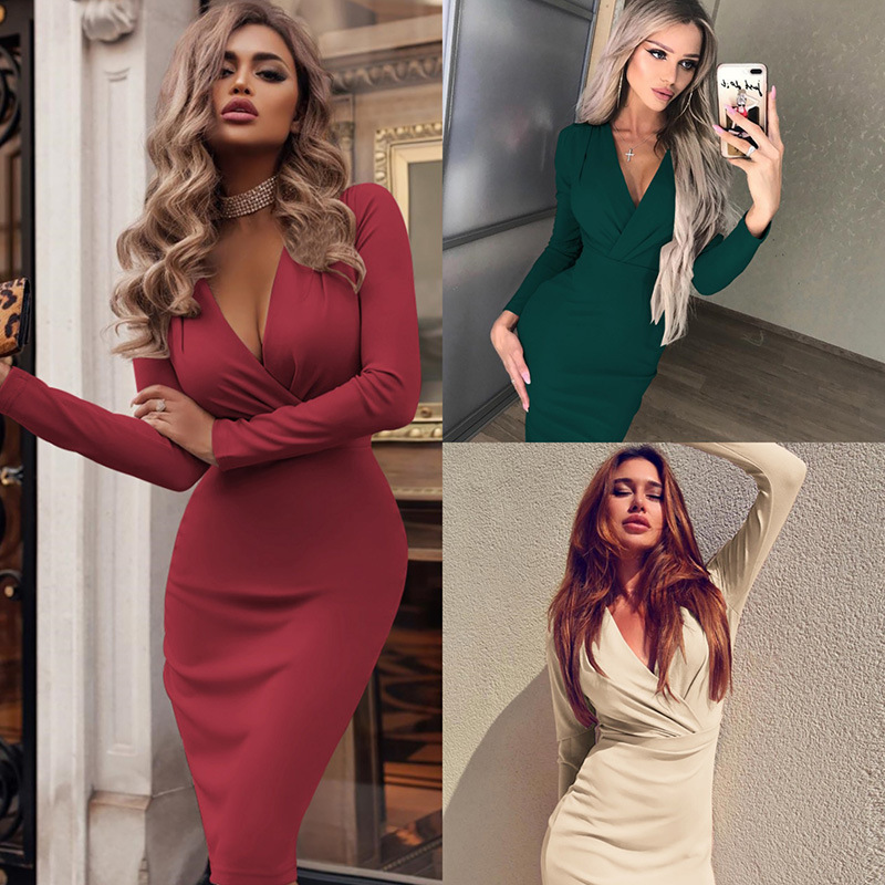 2020 Amazon New Women's dress Explosions Deep V Folding Bag Hip Spring and Autumn Long Sleeve Solid Color Dress in stock