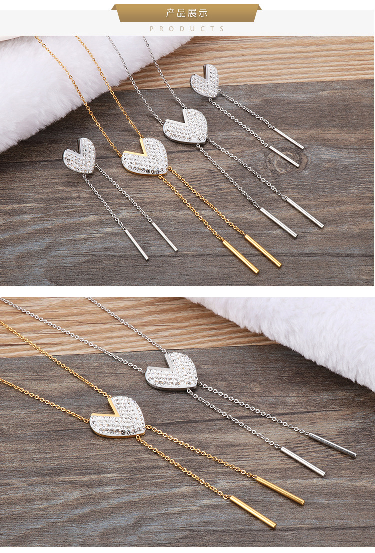 Stainless Steel Jewelry New Creative Heart-shaped Diamond Long Tassel Necklace Earrings Suit display picture 3
