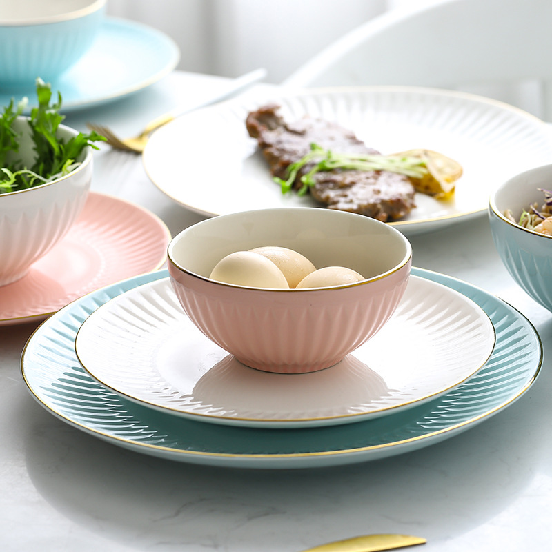 Nordic simple borde dorado esmalte vajilla alivio creativo plato de cerámica plato de alivio plato grande sopa tazón taza de café y platillo