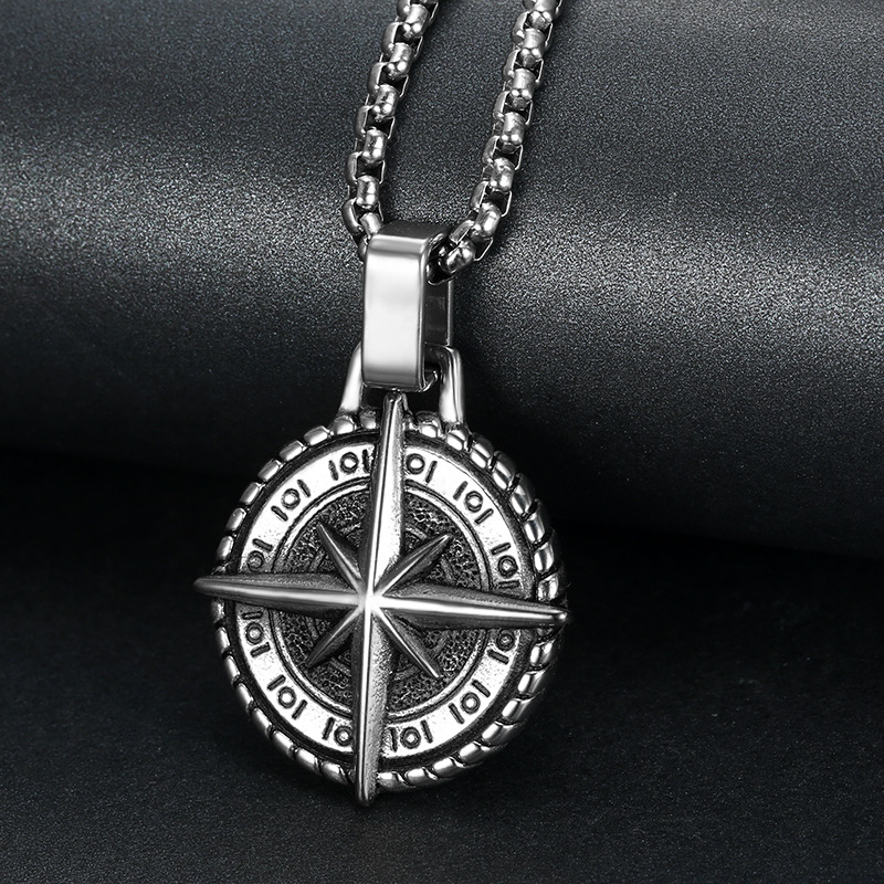 Compass, Star Pattern Retro Compass Star Titanium Steel Polishing Men's Pendant Necklace