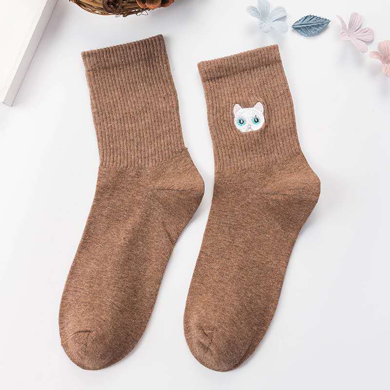 Cat Embroidered Sock Army Green