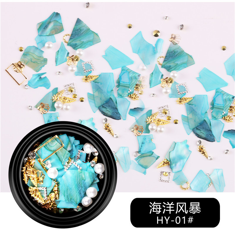 Suministro transfronterizo nuevo arte de uñas Tormenta marina arte de uñas remache de diamantes pieza de concha de perla decoraciones mixtas al por mayor