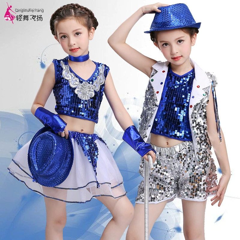 Новогодняя детская одежда Современный джазовый танцевальный костюм для девочек Танцевальное шоу Детский сад Черлидинг Блестки
