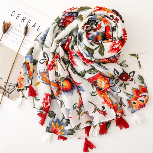 Summer travel sun protection shawl, temperament and versatile, colorful flower print, ethnic style cotton and linen scarf, silk scarf for women