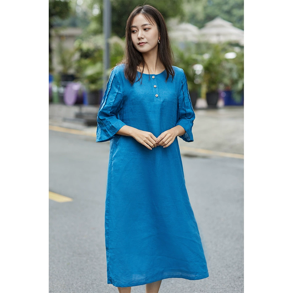 Художественная Женская одежда из хлопка и льна, весна и лето 2020, новое Плиссированное Платье из рами на шнуровке с круглым вырезом оптом