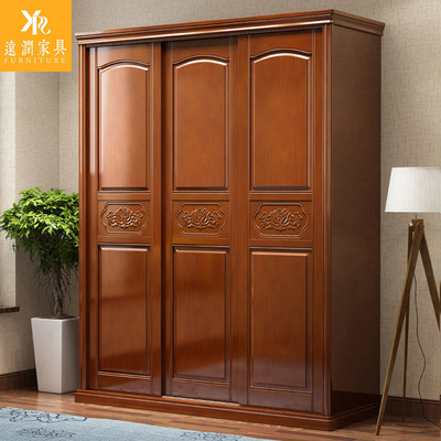 远润 实木衣柜推拉门 三门带镜大衣橱 现代简约衣柜实木橡木批发