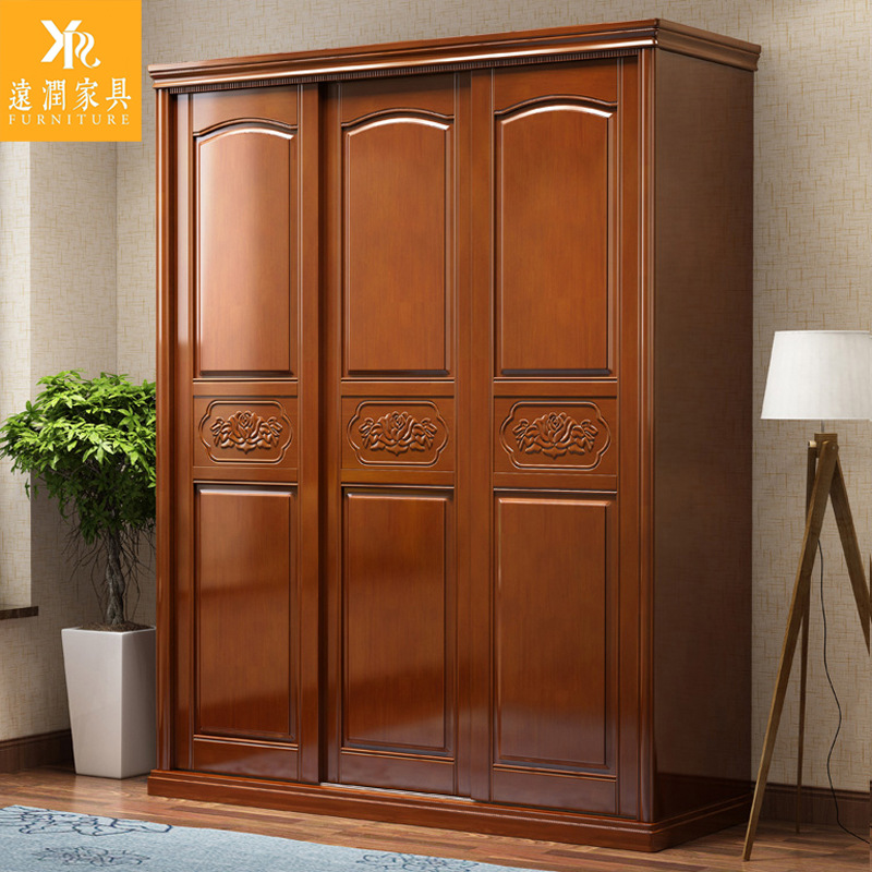 远润 实木衣柜推拉门 三门带镜大衣橱 现代简约衣柜实木橡木批发