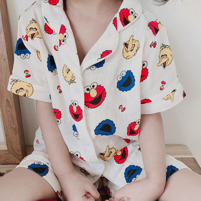 儿童睡衣夏款儿童纱布睡衣套装儿童家居服亲子睡衣短袖短裤套装|ru