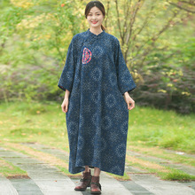 棉麻女装枝牌秋装新款民族风刺绣长袍中国风复古印花蝙蝠袖连衣裙