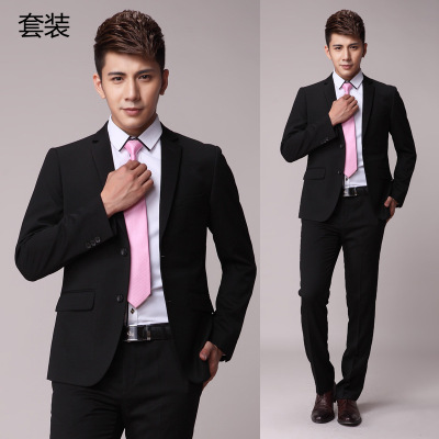 新款男士西服商務純色坑皺小西裝套裝男修身面試正裝結婚新郎禮服