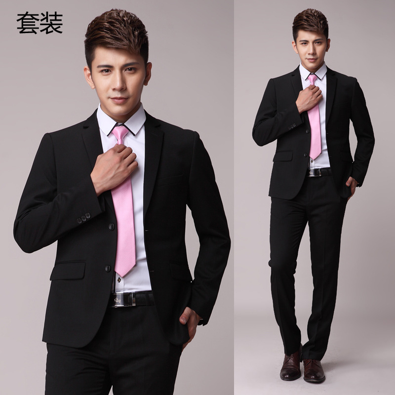 新款男士西服商務純色坑皺小西裝套裝男修身面試正裝結婚新郎禮服