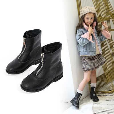 2019秋季新款女童时尚百搭皮靴 简约个性前拉链中大童中筒靴户外|ms
