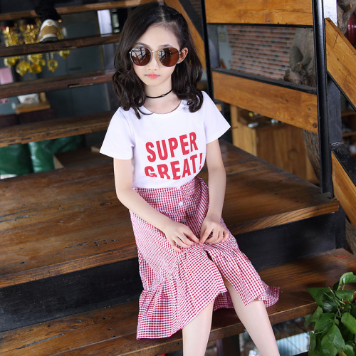 New children's clothing 2024 summer children's short-sleeved suit for girls, medium and large children, Korean style casual plaid two-piece skirt