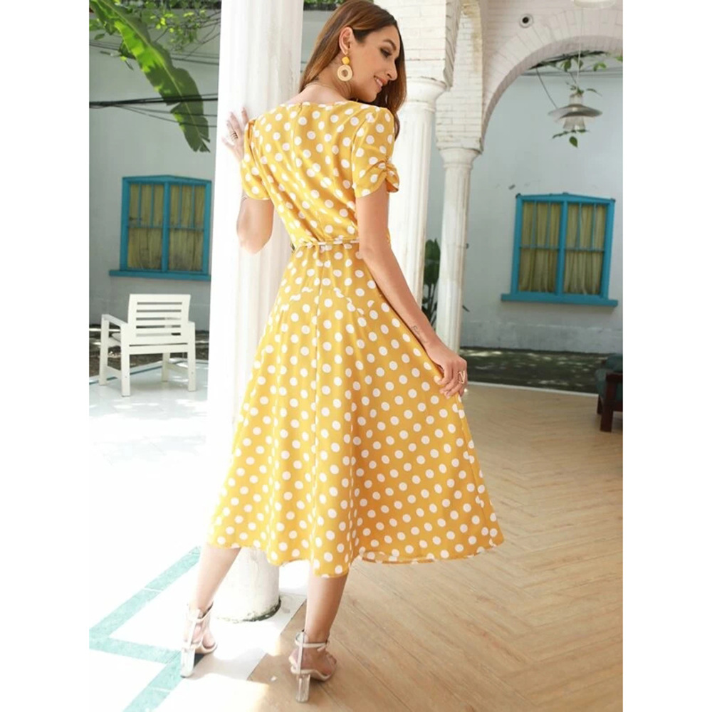 polka dot deep v mid-length high-waist lace-up short-sleeved dress  NSSA40045