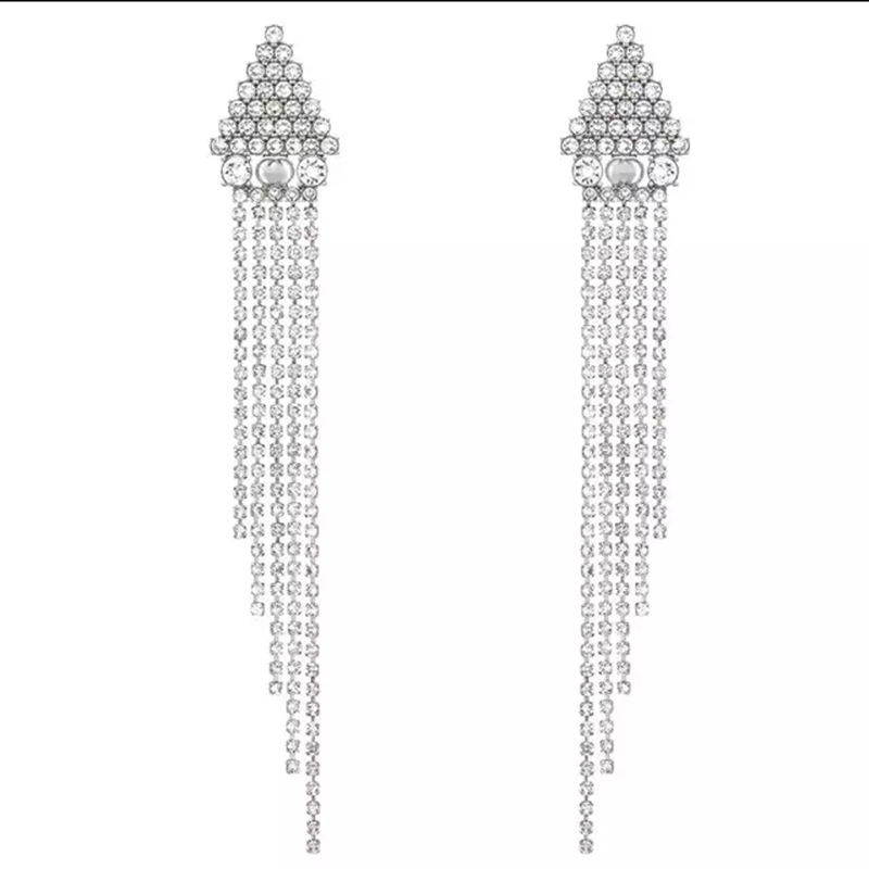 Triangular Extra Long Tassel Earrings Full Diamond Super Flash Earrings display picture 8