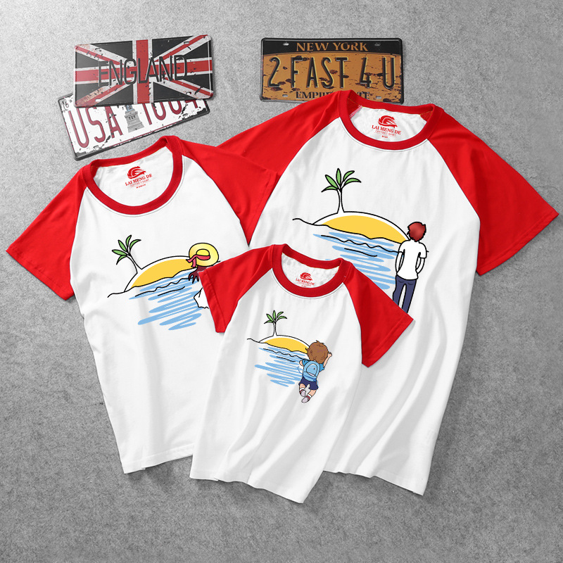 纯棉2019新款童装亲子装休闲夏款短袖卡通印花T恤家庭装一件代发