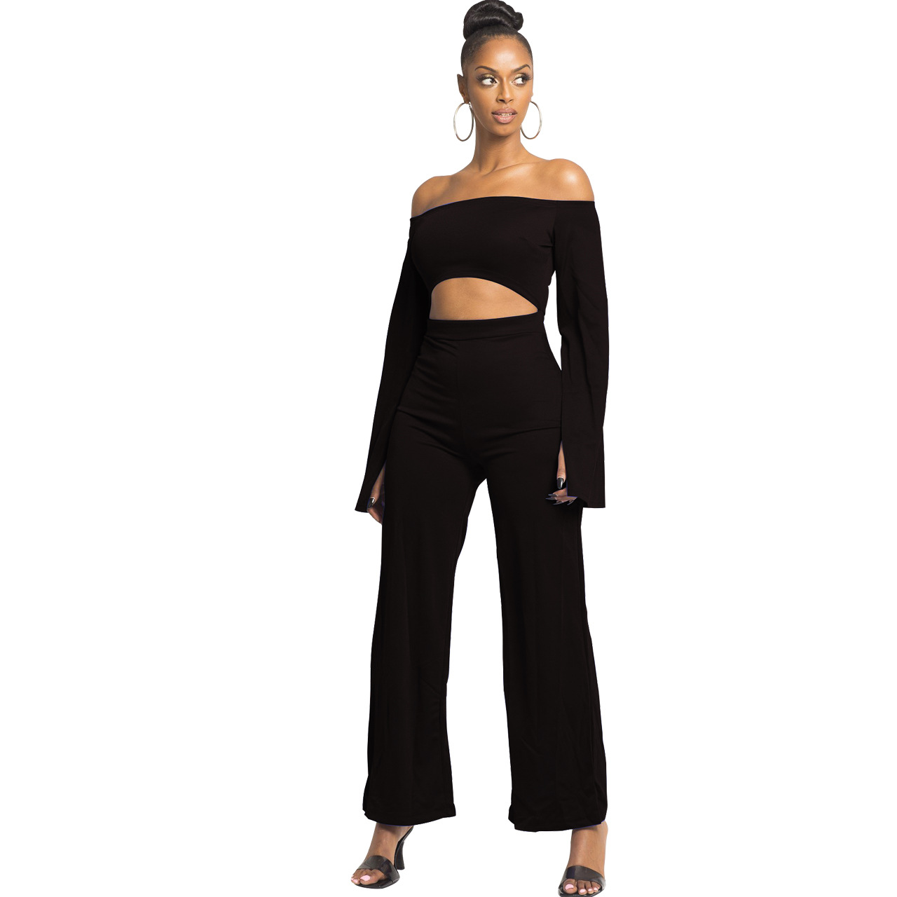 Boutique Casual Solid Color Long Sleeves Cropped off Shoulder Jumpsuit