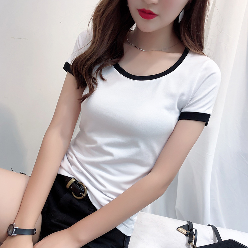 黑白圆领拼接短袖女新款韩版修身棉质T恤女装春季基础打底衫001P