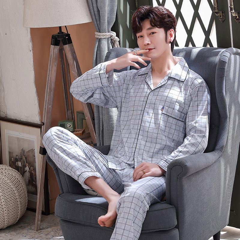 New double-sided Spring and Autumn Winter knitted cotton men's pajamas Korean style loose cardigan lapel long sleeve home wear suit