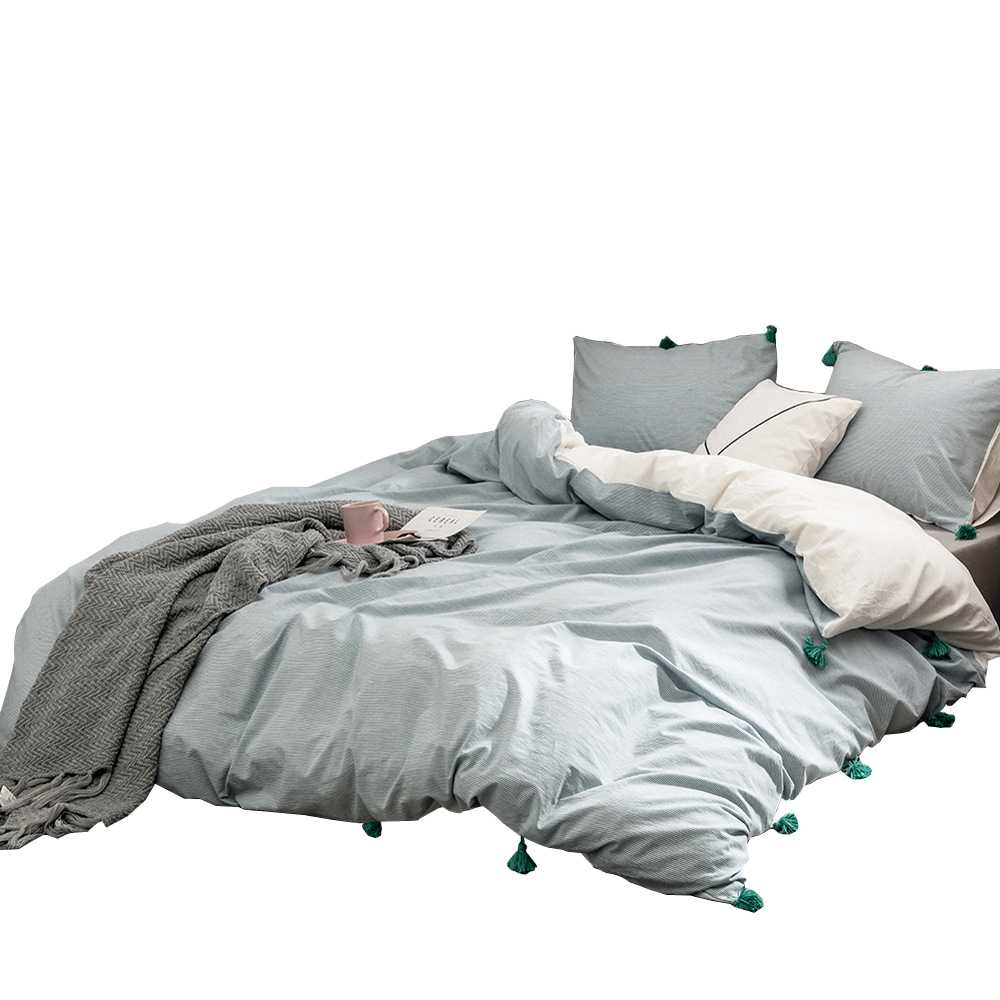 亚马逊热销外贸家纺床上用品美国尺寸波西米亚色色织吊球三件套