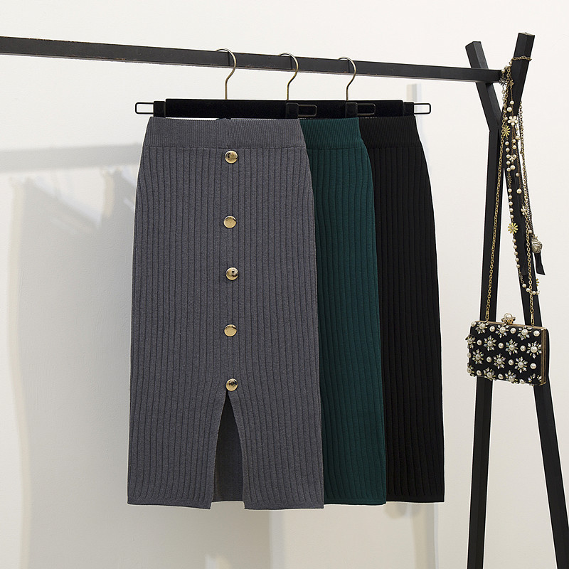 新款紐扣針織半身裙女高腰包臀開叉壹步裙中長款毛線裙子實拍