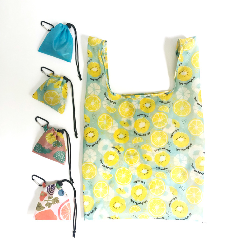 亚马逊热卖涤纶防水环保袋定制水果印花手提袋折叠购物袋促销礼品