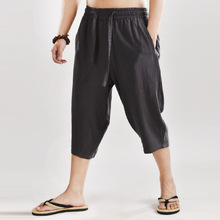 原创夏季复古男式七分裤棉麻中裤纯色亚麻男士短裤