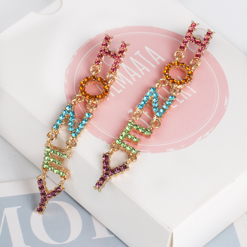 New Colorful Letters Hozey Diamond Earrings display picture 3