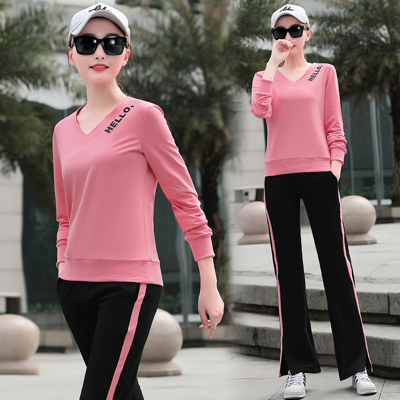 运动休闲套装女秋2019新款宽松阔腿裤V领大码运动服两件套潮 团购|ru