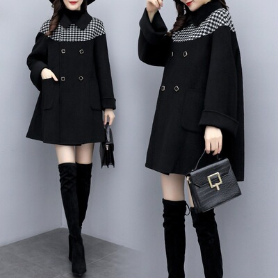 2019 Autumn and winter new pattern houndstooth Mosaic Fur coat Mid length version Korean Edition Easy Little Woollen cloth overcoat