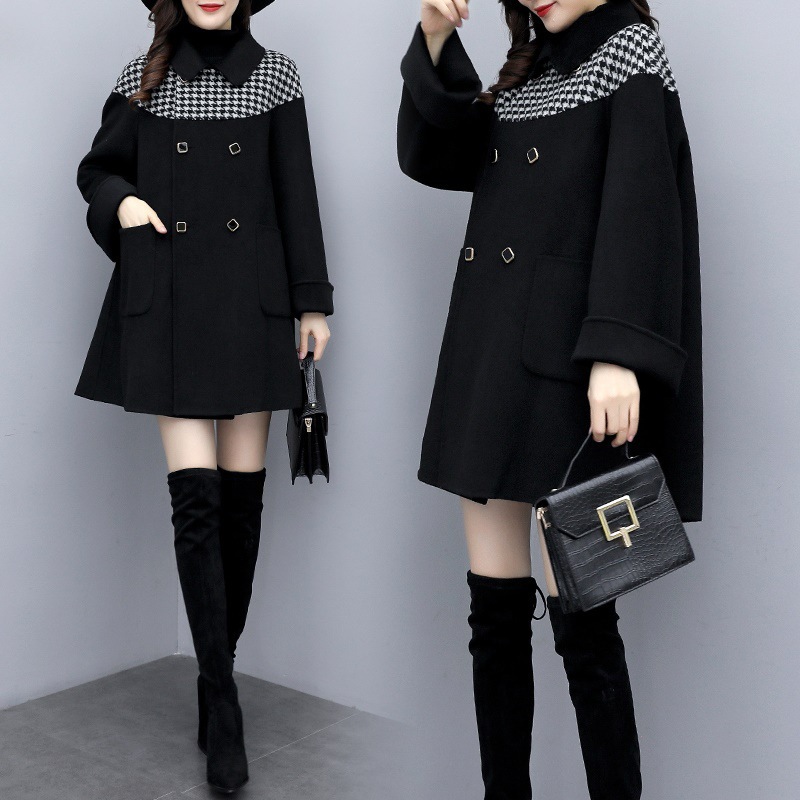 2019 Autumn and winter new pattern houndstooth Mosaic Fur coat Mid length version Korean Edition Easy Little Woollen cloth overcoat