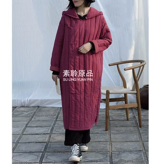 国风长款棉服女秋冬连帽琵琶扣加厚棉衣文艺棉麻宽松外套 S1021