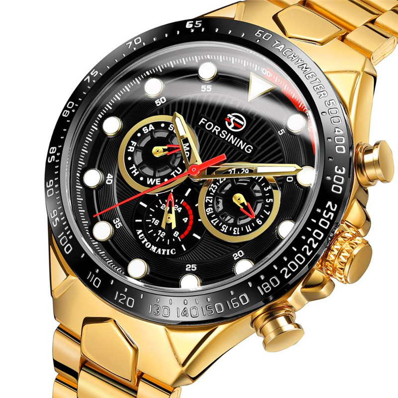 FORSINING fusini hombres moda correa de acero reloj mecánico automático reloj impermeable luminoso de seis pines 432